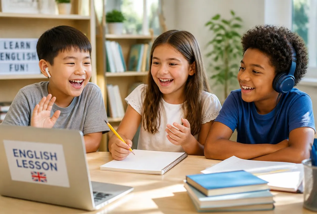 Three young children laughing and speaking during a live online English class for kids at Smart Word Labs